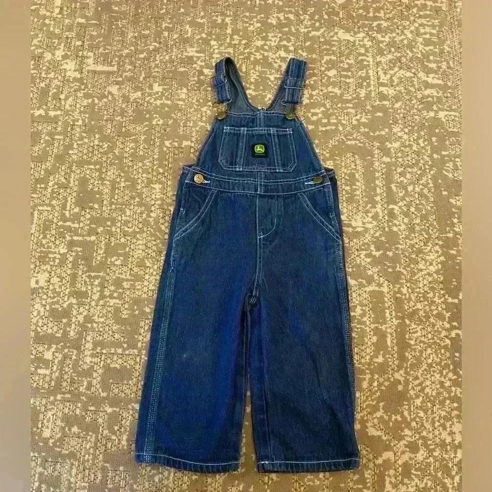 John Deere Unisex Kids‎ Denim Bib Overalls Size 2T Blue Cotton Adjustable Straps